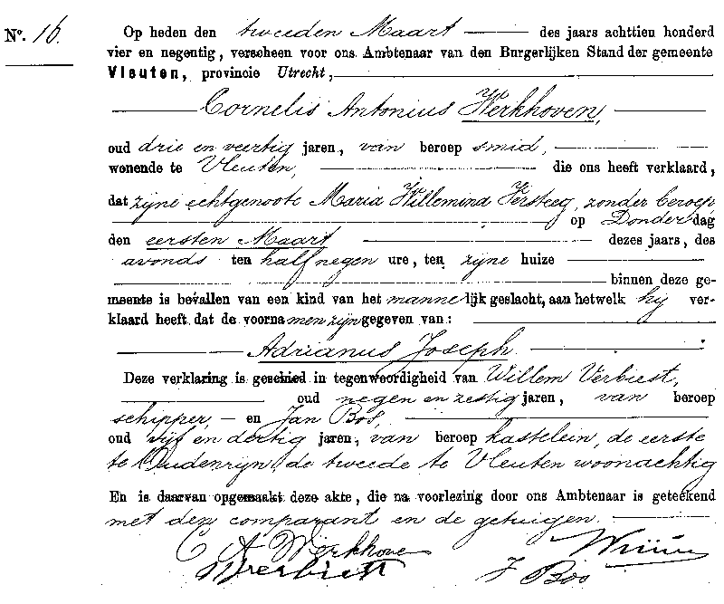 18940302 geb akte 16 Adrianus J zv CA Werkhoven - MW Versteeg